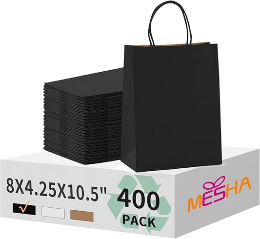 MESHA Gift Paper Bags 400 Pack 8X4.25X10.5 Black Medium Shopping Kraft Bags Bulk with Handles Reusable for Business,Grocery,Birthday,Wedding,Kids Party,Favors