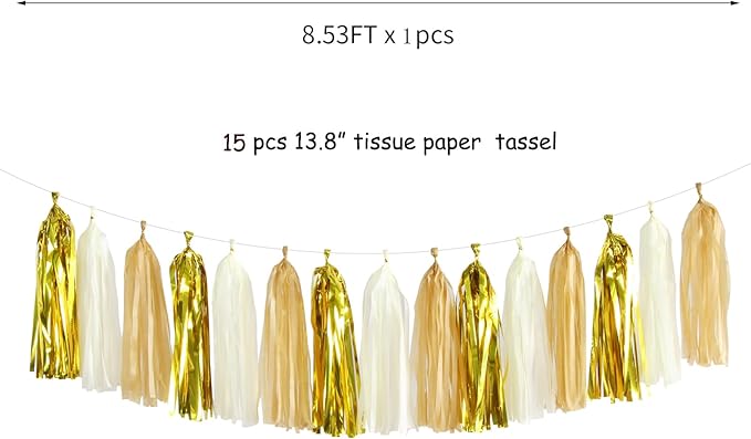White Gold Champagne Party-Decorations Tassel-Garland -15pcs Christmas Wedding Engagement Tassels Banner Streamers Bachelorette Neutral Birthday Baby Bridal Shower Decor Panduola