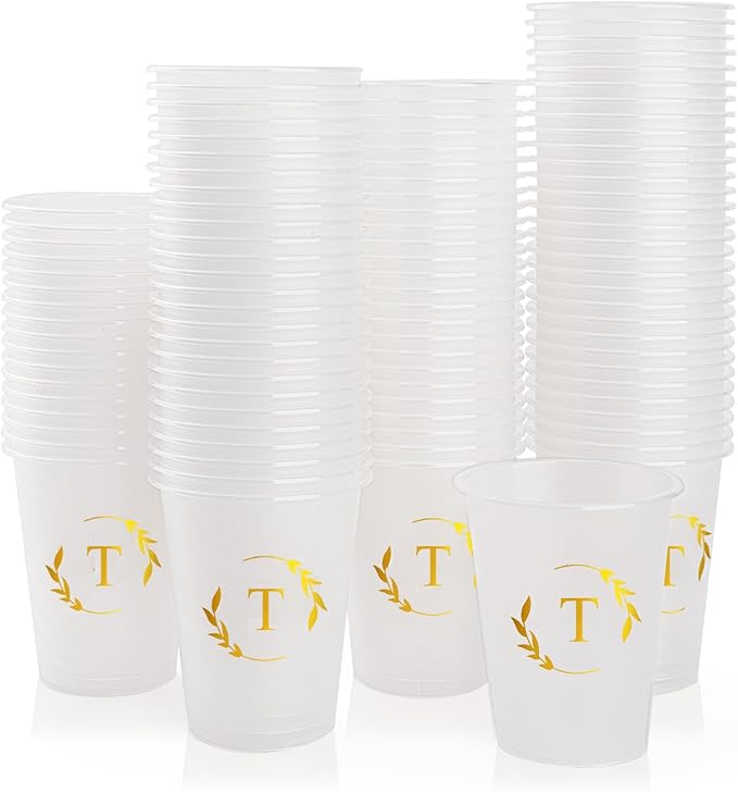 100 Monogrammed Cups Disposable Initial Plastic Cup 12 oz Wedding Personalized Cup for Wedding Reception Baby Shower Birthday Party(Letter T)
