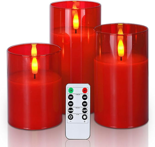 Amagic Christmas Glass Flameless Candles with Remote, Real Wax Pillar Candles Batter Operated with Timer, Red LED Fake Candle for Thanksgiving Decor, Set of 3, D3 xH4 5" 6"