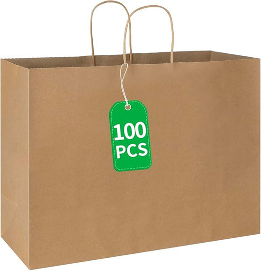 bagmad 100 Pack 16x6x12 Inches Large Plain Natural Brown Kraft Paper Bags with Handles Bulk for Shopping Wedding Grocery Retail Merchandise Business Craft Gift Bags(100 Count)