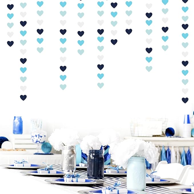 Light-Navy Blue White Party-Decorations Heart-Garland - 52ft Bridal Shower Hanging Streamers,Birthday Bachelorette Valentines Baby Wedding Engagement Under The Sea Frozen Backdrop Decor Burgleda