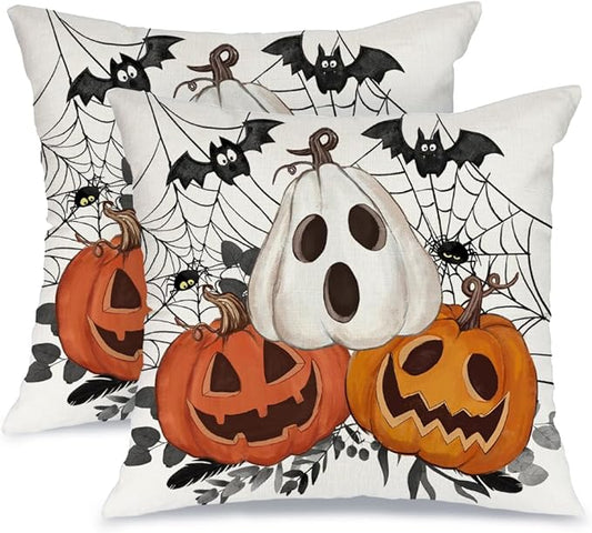 AACORS Halloween Pillow Cover 16X16 Set of 2,Pumpkin Jack-O'-Lanterns Bat Web Decoration Holiday Farmhouse Pillow Case Decor for Home Sofa Couch AA306-16-2