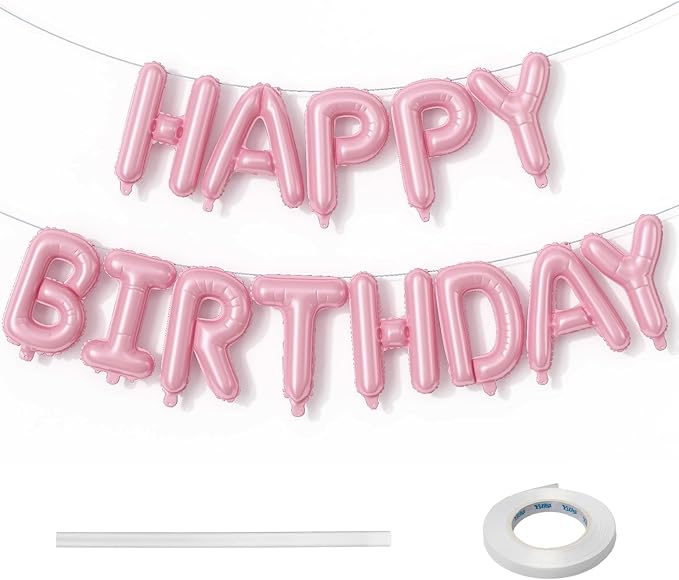 Pink Happy Birthday Balloon Banner, 16 Inch Pastel Pearl Baby Pink Self Inflating Happy Birthday Mylar Foil Balloon, Birthday Bunting Banner Letter Balloons for Girls Women Birthday Party Decorations
