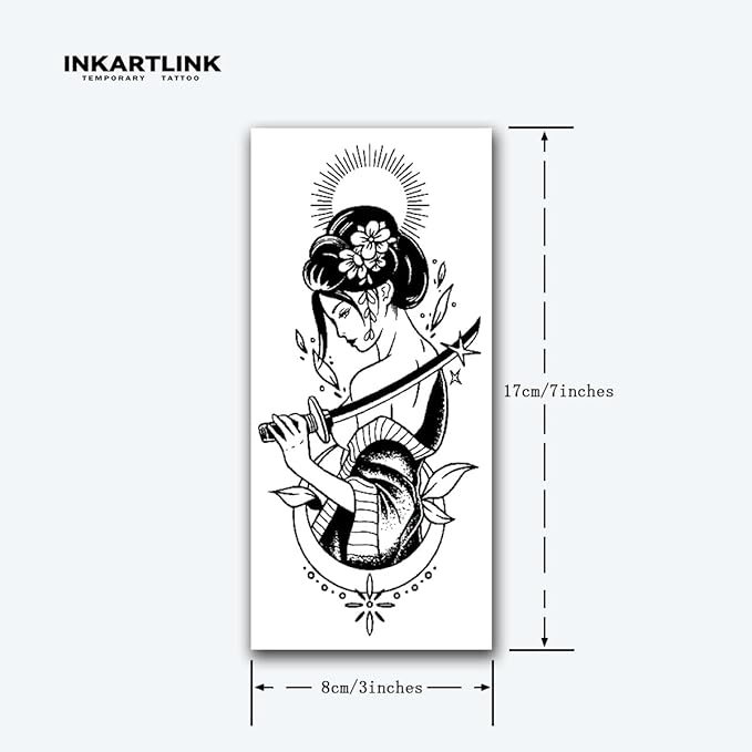 INKARTLINK Tattoo Tech, 2 Sheets Large Semi Permanent Tattoo, Adult Art Design Temporary Tattoos, Lasts 1-2 Weeks, Waterproof, Realistic Look, No Adhesive, No Reflection (Japanese Warrior Girl Design)