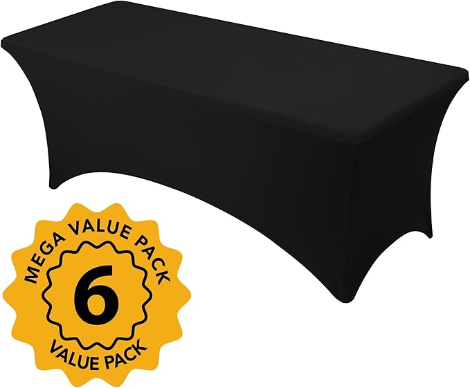 6-Pack Premium Black Spandex Tablecloths for 8ft Rectangle Tables, Stain & Wrinkle-Resistant, Washable Stretch Polyester Fitted Table Cover for Weddings, Banquets, Events, Parties