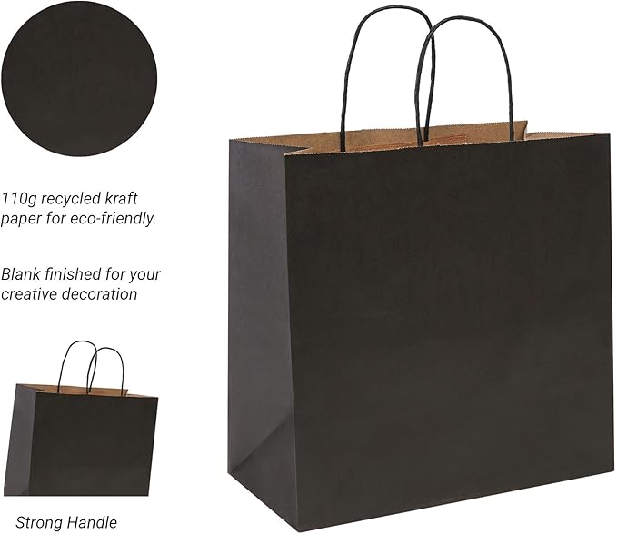 PAICUIKE 100Pcs Black Kraft Bags with Handles, 11x6x11 Inch Square Gift Bags for Retail, Shopping, Party Favors, Father’s Day, Events & Small Business | Sturdy & Versatile