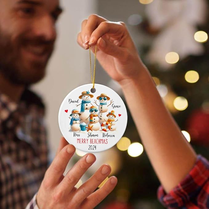 Personalized Snowman Family Beach Vacation Ceramic Ornament, Merry Beachmas, Custom Names, Xmas 2025