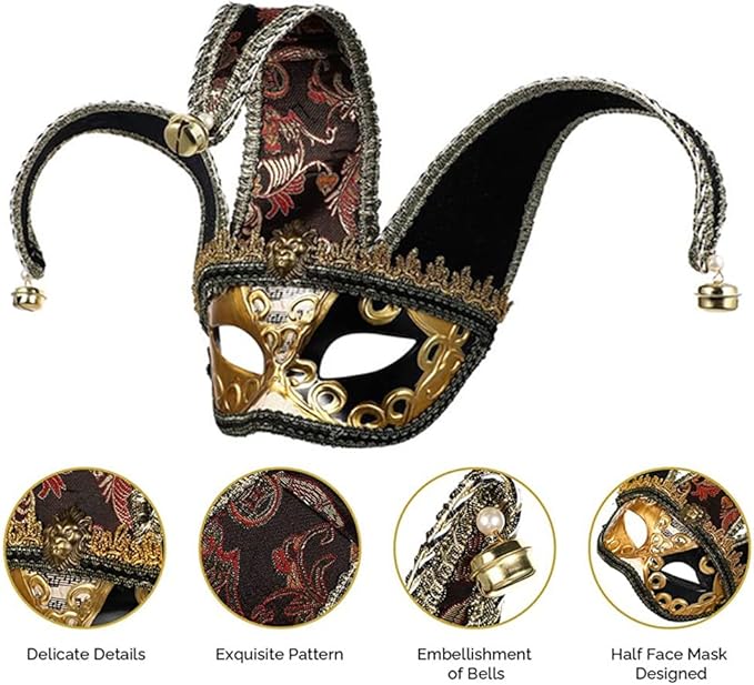 KIPETTO Venetian Jester Mask Masquerade Vintage Half Face Masks for Mardi Gras Halloween Cosplay Musical Party