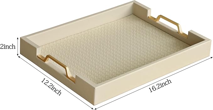 HofferRuffer Faux Leather Rectangle Serving Tray Decor Platter with Gold Metal Handles for Coffee Table, Breakfast, Tea, Food, Countertop, Kitchen, Butler Tray, 16.2 x 12.2 x 2 inches (Cream White)
