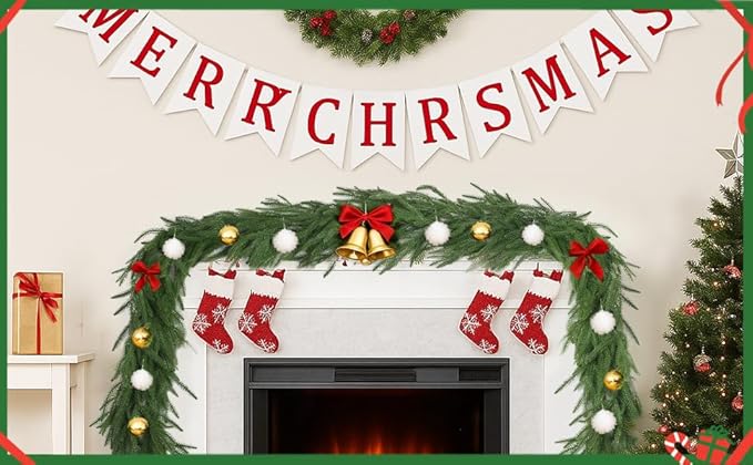 12FT(2 * 6FT) Christmas Norfolk Pine Garlands, Winter Decor Real Touch Pine Garland, Artificial Greenery Xmas Garland for Holiday, Table, Wall, Fireplace, Mantel, Indoor & Outdoor Decoration (2 Pack)