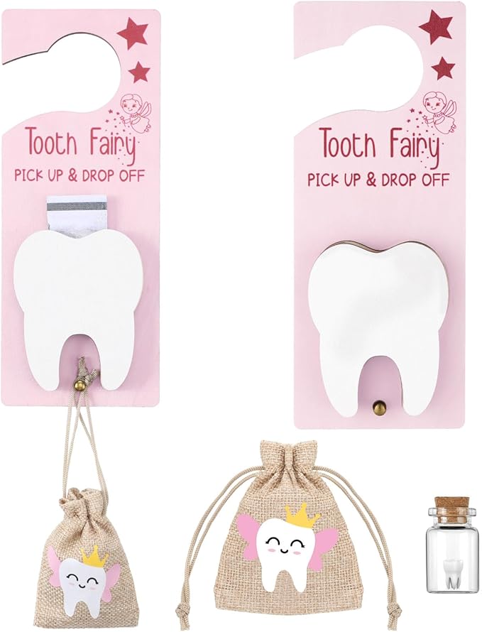 Tooth Fairy Holder Bag Hanger with Money Slot Keepsake Bottle Velvet Pouch Tooth Fairy Box Encourage Gift for Lost Teeth Boy Girl Milk(Classic,Pink Brown)