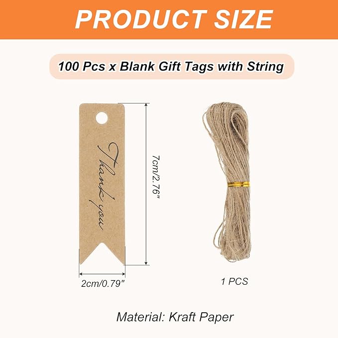 PATIKIL 100 Pcs Blank Gift Tags with String, 2.8x0.8 Inch Kraft Paper Tags Gift Bags Tags Mini Thank You Label with Holes for Wedding Holiday Party Favor Clothes Craft, Brown