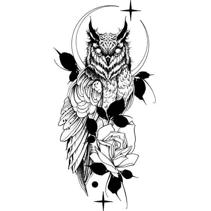 INKARTLINK Tattoo Tech,2 Sheets Extra-Large Semi Permanent Tattoo,Adult Art Design Temporary Tattoos, Lasts 1-2 Weeks, Waterproof, Realistic look, No Adhesive, No reflection (Owl Design）