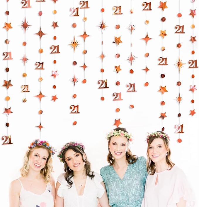 Rose Gold Number 21 Circle Dot Twinkle Star Garland Kit Metallic Hanging Streamer Bunting Banner Backdrop Decoration for Girls 21st Birthday Finally Legal Twenty One Anniversary Wedding Party Supplies