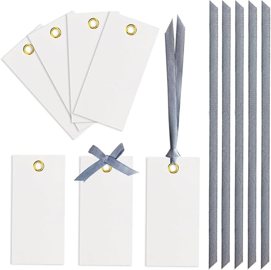25 Pcs Name Place Cards Blank Seat Card, 2 x 4 in Table Cards with Stain Ribbon, Wedding Place Card, Hanging Tags for Wedding table Setting Reserved Chairs Signs Dinner Banquet Parties.(Gray)