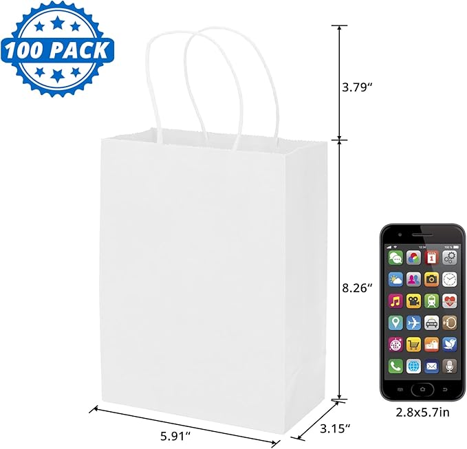 100 Pack 5.9x3.15x8.26 inch Small White Gift Bags, Kraft Bags with Handles Bulk for Birthday Party Favors,Gift Paper Bags,Retail Shopping Business Goody Craft Gift Bags
