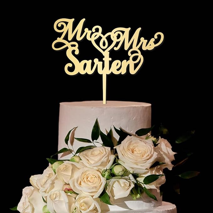 Wedding Cake Topper Personalised Mr and Mrs Calligraphy Custom Cake Topper Surname Gold Acrylic Customized Monogram Cake Toppers Silver, Black, White, Red, Blue, Rustic Party Cake Supplies, Made USA