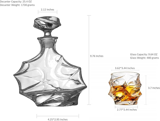 Whiskey Decanter Glasses Set Lead-Free Crystal Glass Scotch Tasting Cups Wine Bottle for Drinking Irish Whisky Bourbon Tequila tumbler (Iceberg, 1 Decanter & 6 Glasses Set)