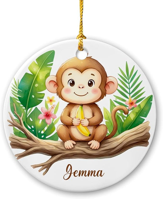 Customized Monkey Ceramic Ornament Christmas 2025, Gift for Boys Girls Son Daughter Grandkids from Family, Personalized Name Baby Monkey Lover Ornament, Animal Nature Keepsake, Animal Themed Decor
