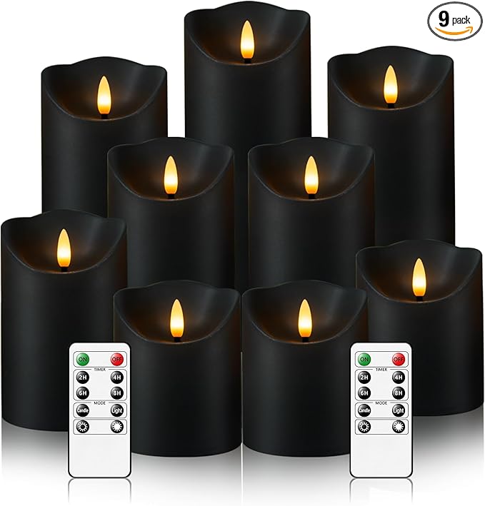 Flameless Candles with Remote, Battery Operated Flickering Flameless Candles, LED Candles with Timer 2/4/6/8H, with Realistic LED Candles Set of 9 (D3 x H 3" 4" 5" 6" 7") (Black)