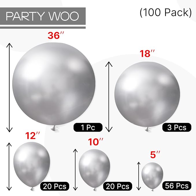 PartyWoo Metallic Silver Balloons 100 pcs Different Sizes Pack of 36 18 12 10 5 Inch Chrome Silver Balloon Arch Kit Garland for Graduation New Year Wedding Birthday Party Decorations Silver-G102