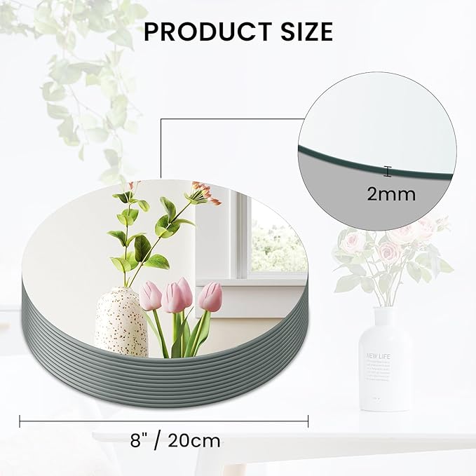 Round Mirror Centerpieces, Set of 12 Pcs 8" Round Glass Mirror Centerpieces for Tables, Glass Trays for Wedding Decorations, Parties, Baby Shower Party
