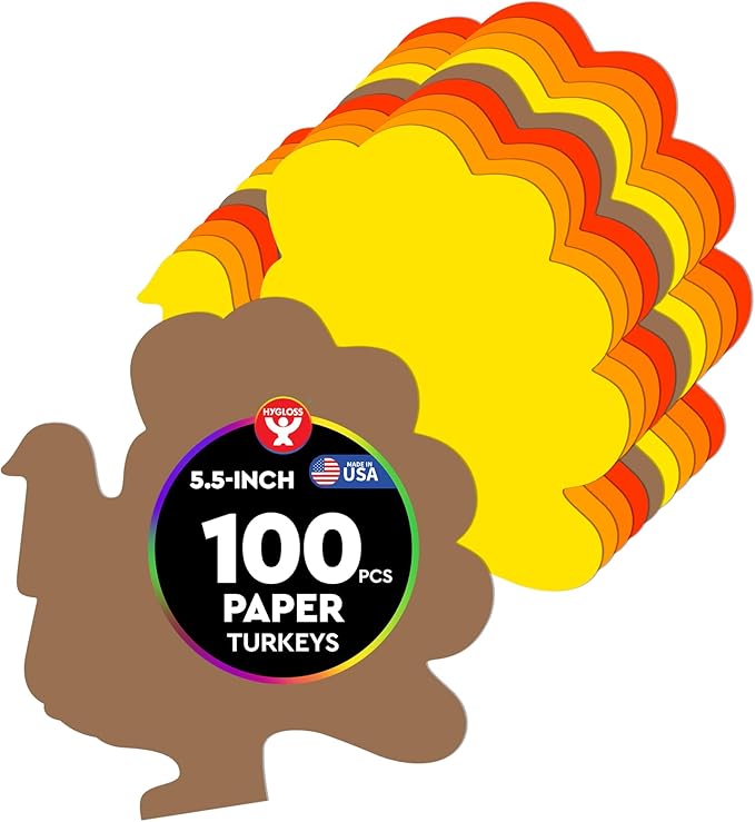 Hygloss Turkey Shape Paper Cut-Outs for Arts & Crafts-Many Creative Uses-Thanksgiving Activities Fall 5.5 Inches-100 Pcs, Assorted Colors