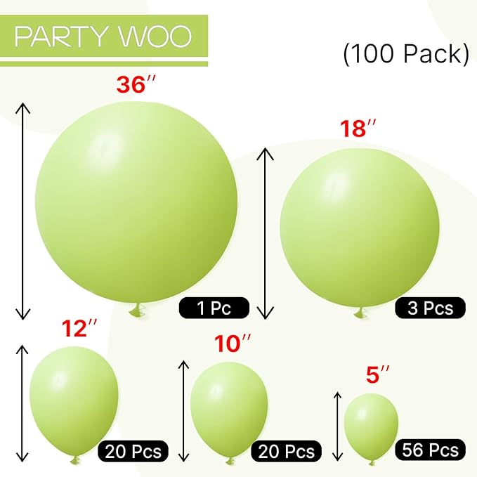 PartyWoo Lime Green Balloons 100 pcs Different Sizes of 36 18 12 10 5 Inch Neon Yellowish Light Green Latex Balloon Arch Kit Garland for Graduation Halloween Summer Birthday Party Decorations Green-Y6