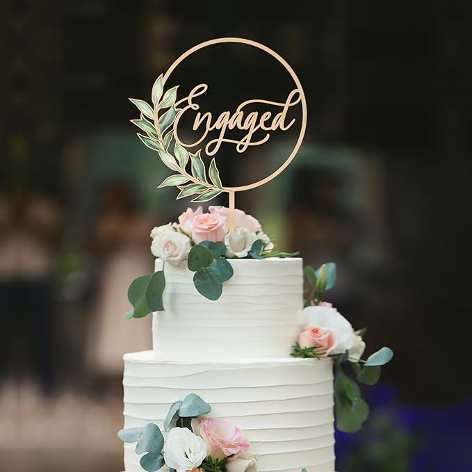 Engaged Cake Topper in Wood Greeny Engagement Cake Topper Decoration