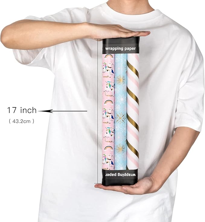 MAYPLUSS Pink Christmas Wrapping Paper Roll - Mini Roll - 17in X 120in Per roll - 3 Different Pink & Blue Design,Foil Strip/Snowflakes/Unicorn,for Xmas,New Year,Girl Christmas Gift Wrap (42.5sq.ft)