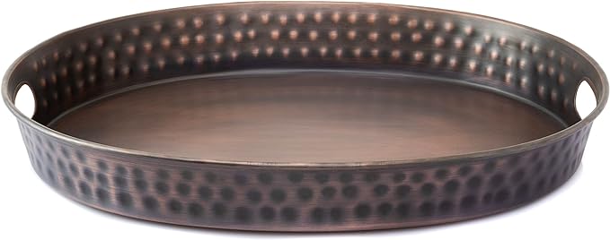 Monarch Abode Hand Hammered Metal Serving Tray with Handles, 17-Inch Antique Copper Finish– Oval Serving Platter, Large Serving Tray for Party, Fruit Platter, Dessert Trays, Serving Dishes