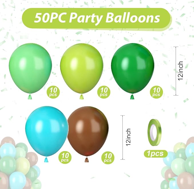 Green Brown Balloons, 50pcs Green Balloon, Dark Brown Light Lime Grassy Teal Blue Balloon for Boy Man Teen Jungle Forest Theme Game Birthday Party Baby Shower Wedding Decorations