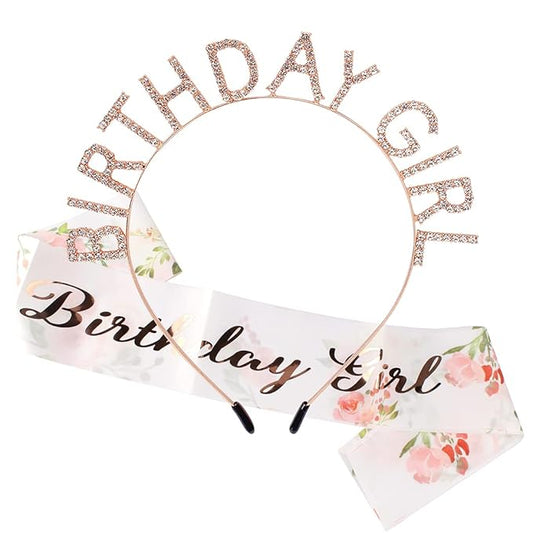 AOPRIE Birthday Girl Crown for Women with Flower Sash Rose Gold Happy Birthday Tiara for Women Headband Princess Crown Rhinestone Accessories