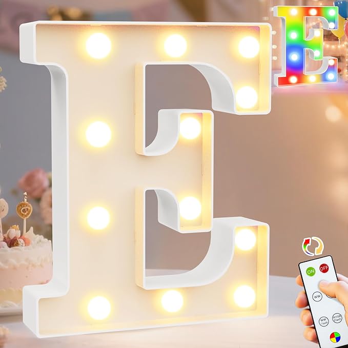 Pooqla LED Light Up Letters, Warm White and Colorful Lighted Marquee Letters with Remote, Lighted Letter for Party Birthday Decorations, Gift for Girls Boys Night Light, Wedding Home Decor, Letter E