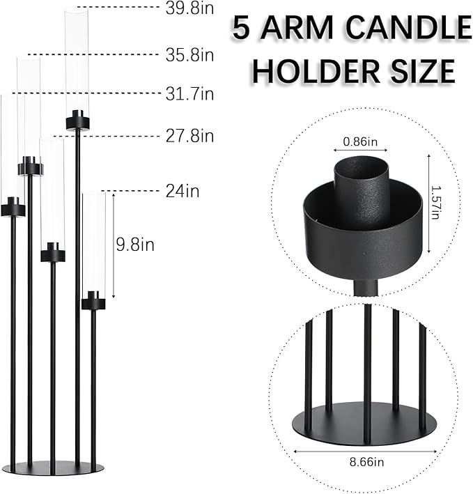39.8''Matte Black Candle Holder with Acrylic Shades Tall 5 Arm Candelabra Black Table Centerpiece 10PCS for Wedding Living Dining Room Fireplace Decoration Fit 0.98''LED Taper Candle