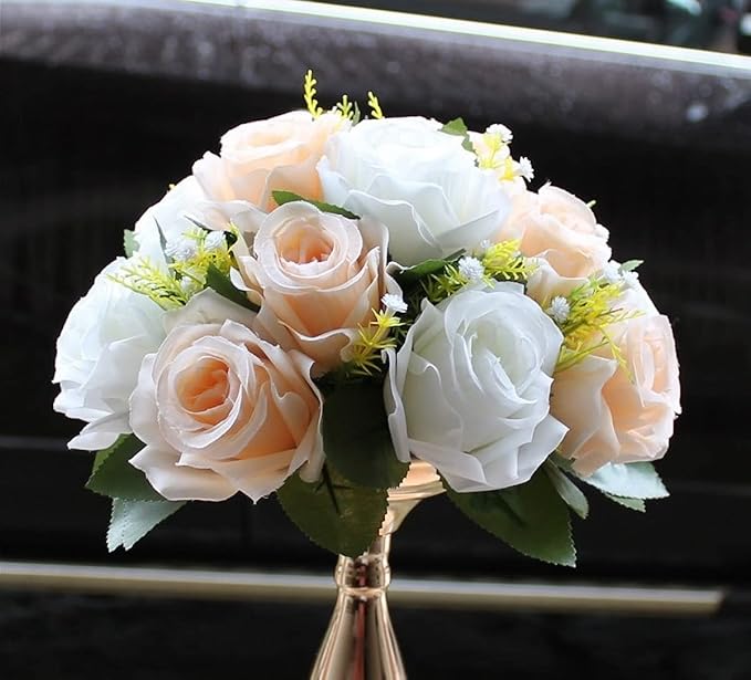 Artificial Flowers Kissing Ball, 2 Pcs Faux Flower Balls Fake Flower 15 Heads Plastic Roses with Base Wedding Bouquets Party Table Decor Home Decor Bouquet for Wedding Centerpieces (Champagne White)