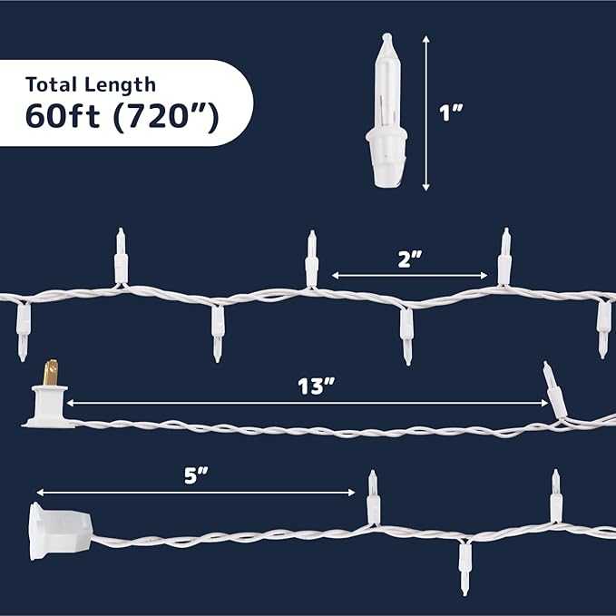 PREXTEX 300 Count Clear Christmas Tree Lights with White Wire - 60 ft Warm White Twinkle Lights for Indoor or Outdoor Use - Holiday Fairy String Lighting for Christmas Trees, Patios, and More