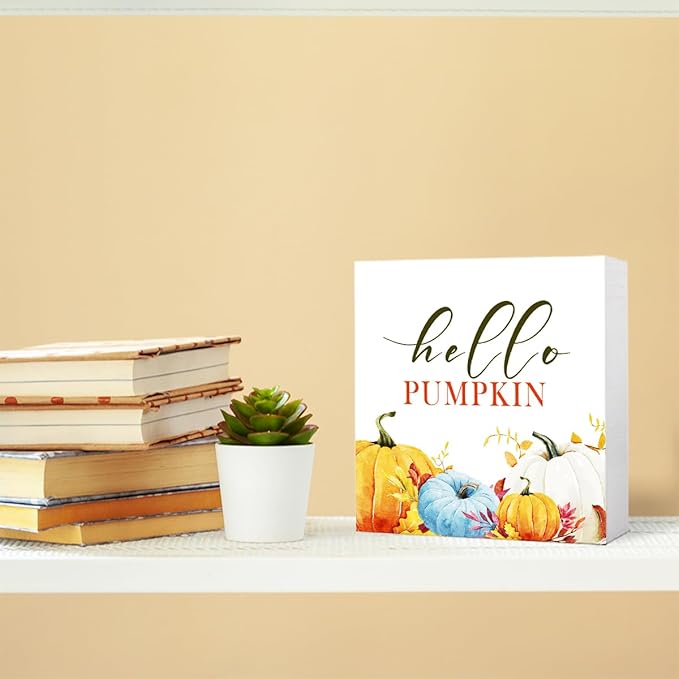 Funny Autumn Wood Box Sign Hello Pumpkin Wooden Block Desk Decor for Home Office Kitchen Cubicle Table Shelf Tabletop,Farmhouse Fall Sign Decor