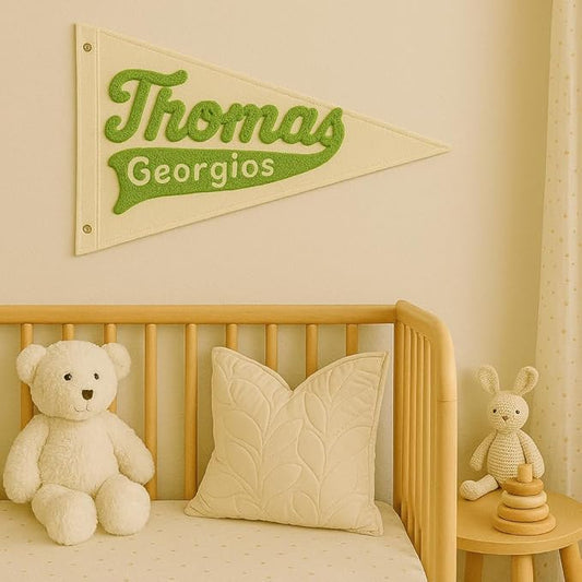 Custom Name Hand Embroidered Pennant, Personalized Baby Name Hand-Stitched Banner Flag for Nursery, Customized Embroidered Triangle Canvas Flag for Baby Shower Birthday Party Wall Decor