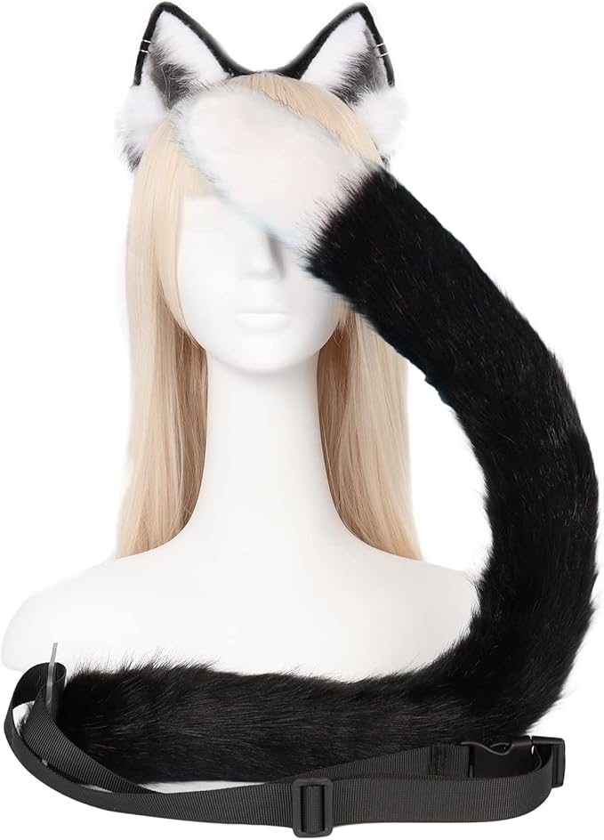 QinRuan Animal Cosplay Costume Accessories Furry Faux Fur Cat Ears Headband and Fox Tail Set Halloween Accessory