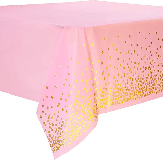 108"x54" 4 Packs Pink and Gold Disposable Party Tablecloth for Rectangle Table, Gold Stamping Dot Confetti Rectangular Plastic Table Cover, for Bachelorette, Girl Birthday and Baby Shower, Wedding