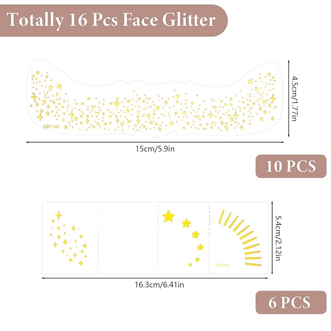 16 PCS Face Glitter, Gold Face Tattoos Stickers, Temporary Body Face Glitter, Makeup Patches for Women Girls Music Festival, Carnival Party, Halloween