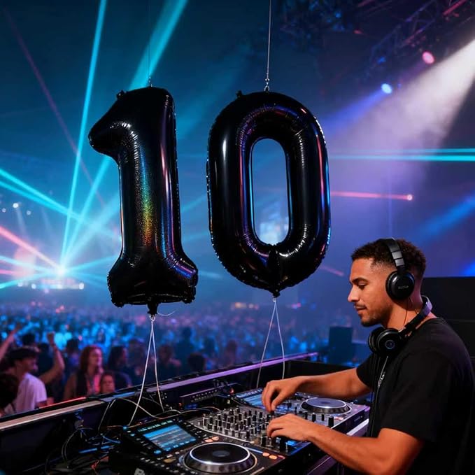 Laser Black Number 10 Balloons 40 Inch Giant Number Black 10 Foil Mylar Balloons for 10th Birthday Anniversary Events Party Decorations