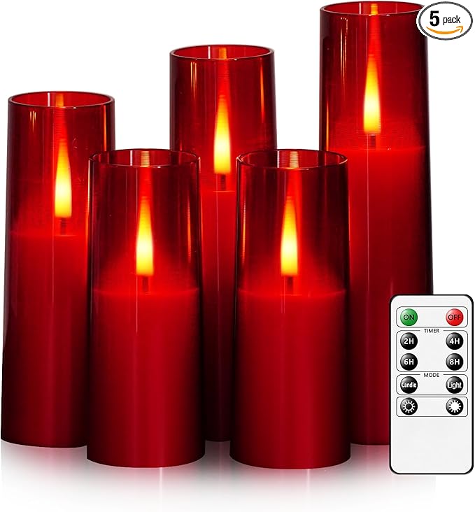 Flameless LED Candles, Upgraded Realistic 5 Pcs Flickering Flame Pillar Candles, Battery Operated Candles with Remote Timer, for Romantic Ambiance and Home Decoration (Red)