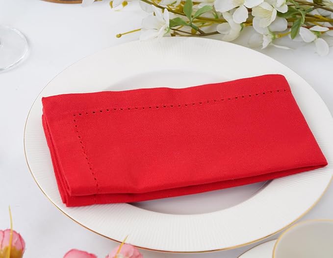 Blue Needles Set of 12 Hemstitch Linen Napkins 100% Cotton Red Cloth Dinner Napkins 18x18 inches, Soft, Reusable, Absorbent, Washable, Ideal for Fall Thanksgiving Events, Parties & Everyday Use