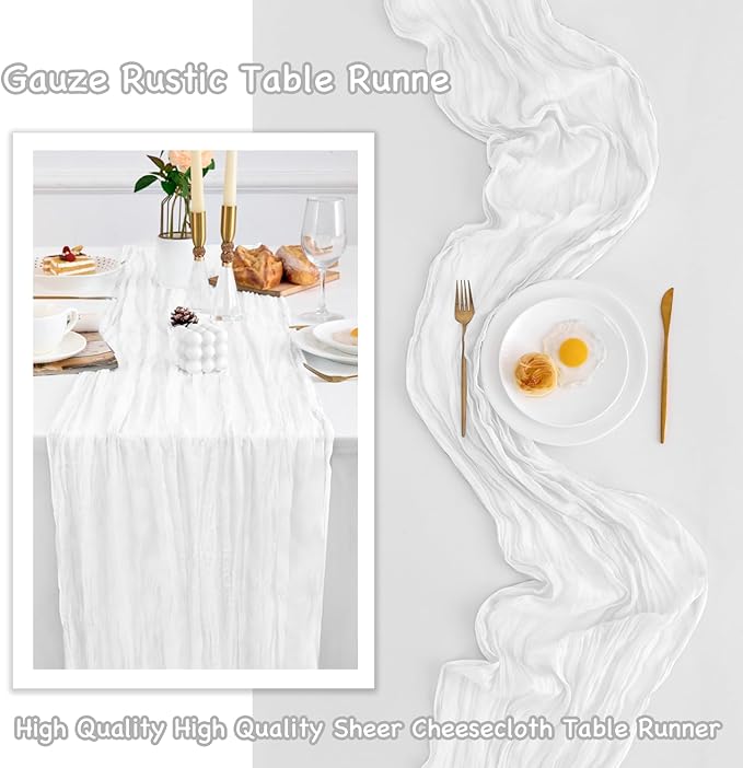 10 Pack White Table Runner 120 Inch Cheesecloth Table Runner 10FT Rustic Boho Gauze Table Runner Long Cheese Cloth Table Runner Semi Sheer Runners for Wedding Bridal Baby Shower Party