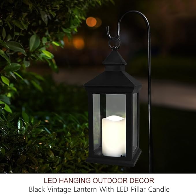 Bright Zeal 14" Decorative Candle Lantern Black Outdoor Lanterns with Timer Candles - Cool White Waterproof Vintage Lanterns Battery Powered LED Decorative for Wedding - Hanging Wall Lanterns Indoor