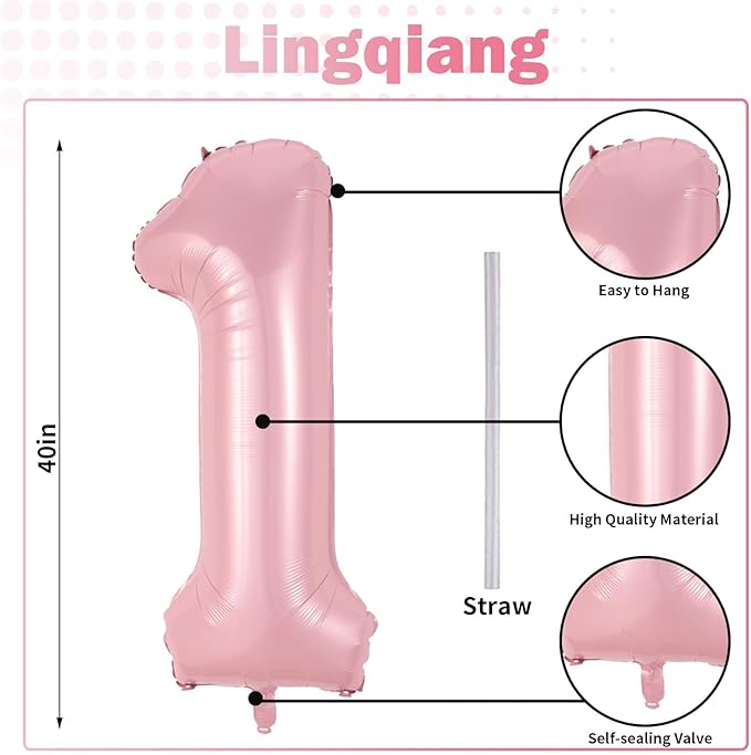 Pastel Pink 1 Balloons, 40 Inch Giant Light Pink Helium Foil Number 0-9 for Girls, Self Inflating 1st Birthday Balloon for Women Anniversary Baby Shower Princess Party Decorations Supplies