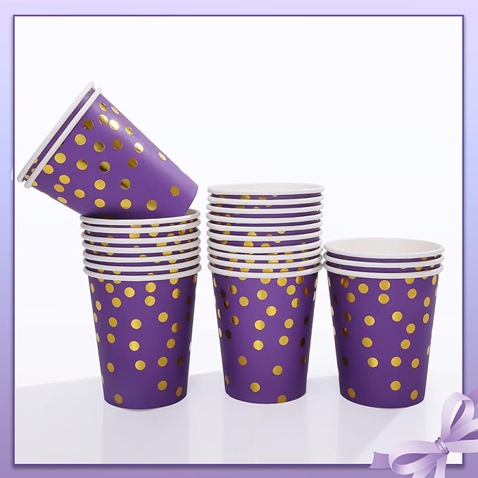 175Pcs Purple and Gold Party Decorations, Purple Plates and Cups and Napkins Sets, Gold Disposable Plates for Birthday Wedding Party Supplies, Serves 25